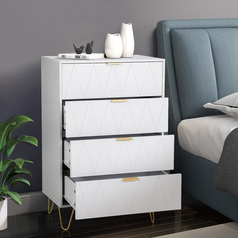 White 4-Drawer Dresser for Bedroom – Modern Storage Cabinet with Golden Handles Tallboy Chest of Drawer