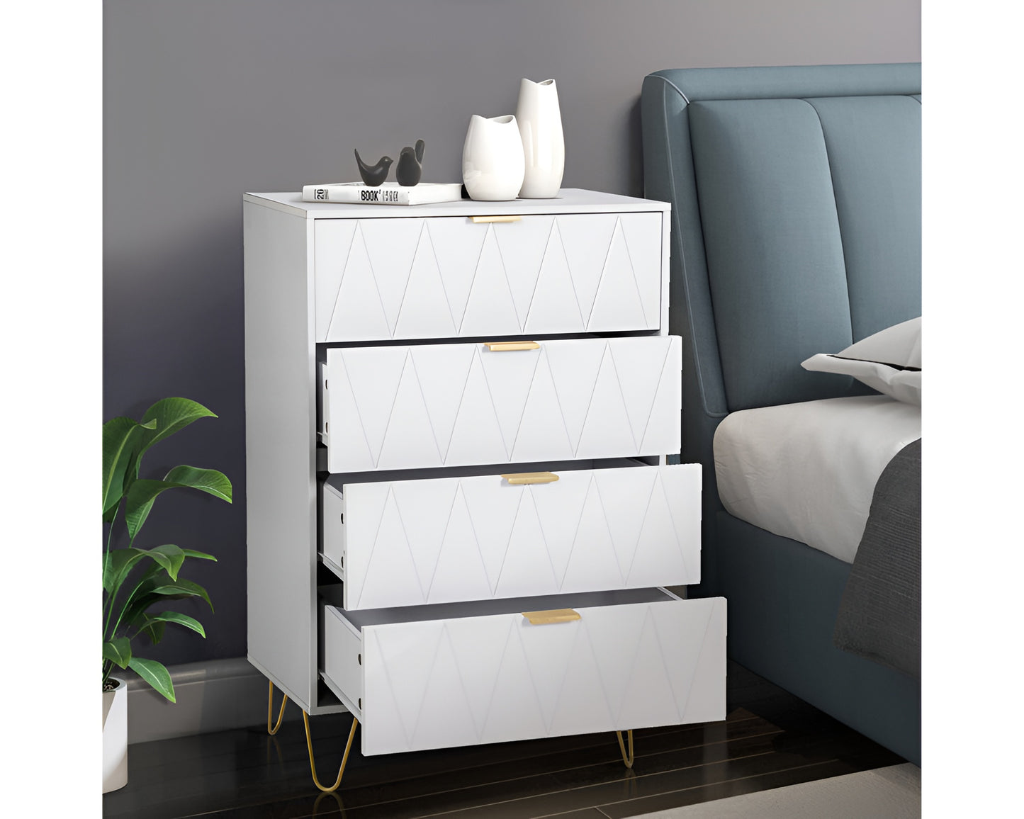 White 4-Drawer Dresser for Bedroom – Modern Storage Cabinet with Golden Handles Tallboy Chest of Drawer