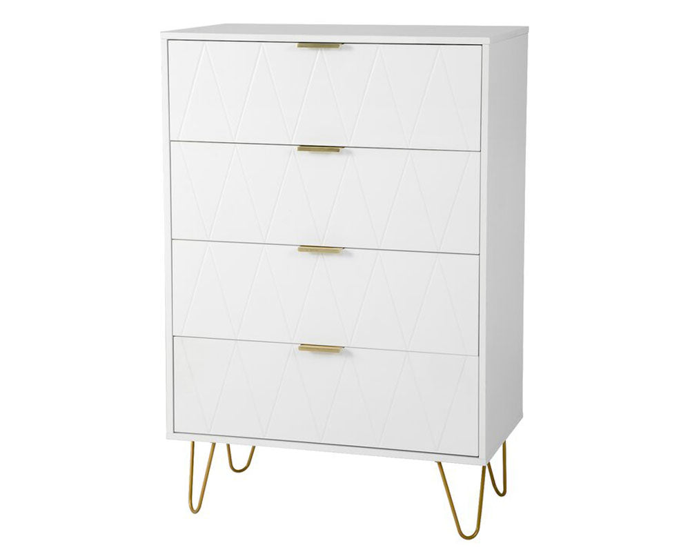 White 4-Drawer Dresser for Bedroom – Modern Storage Cabinet with Golden Handles Tallboy Chest of Drawer