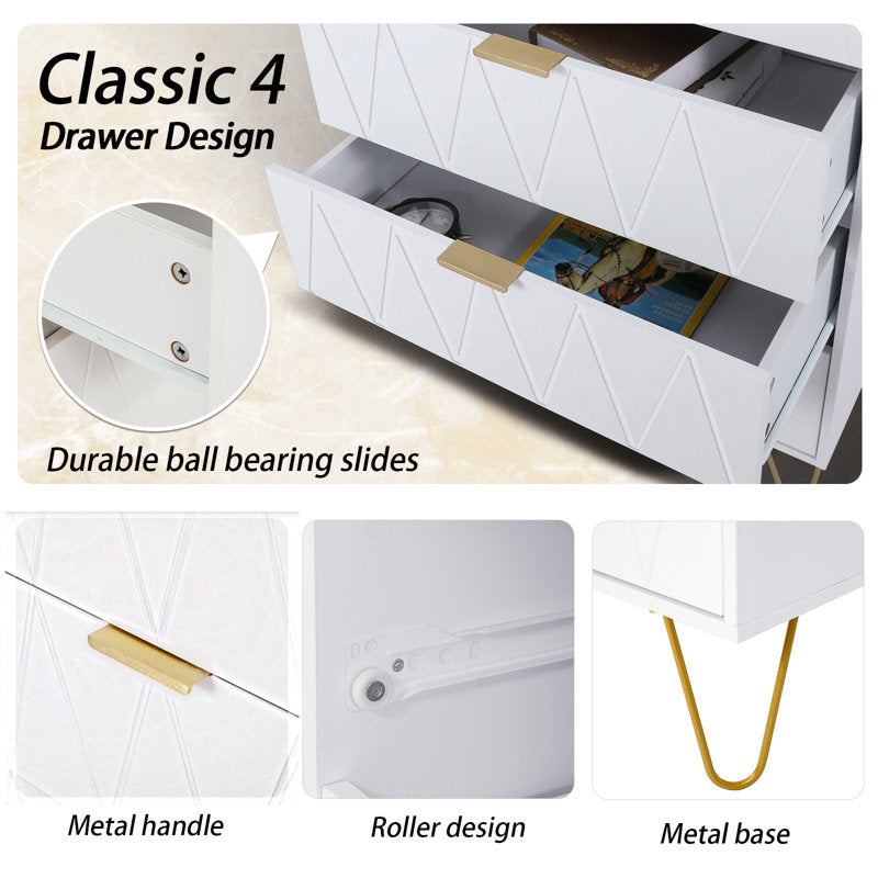 White 4-Drawer Dresser for Bedroom – Modern Storage Cabinet with Golden Handles Tallboy Chest of Drawer