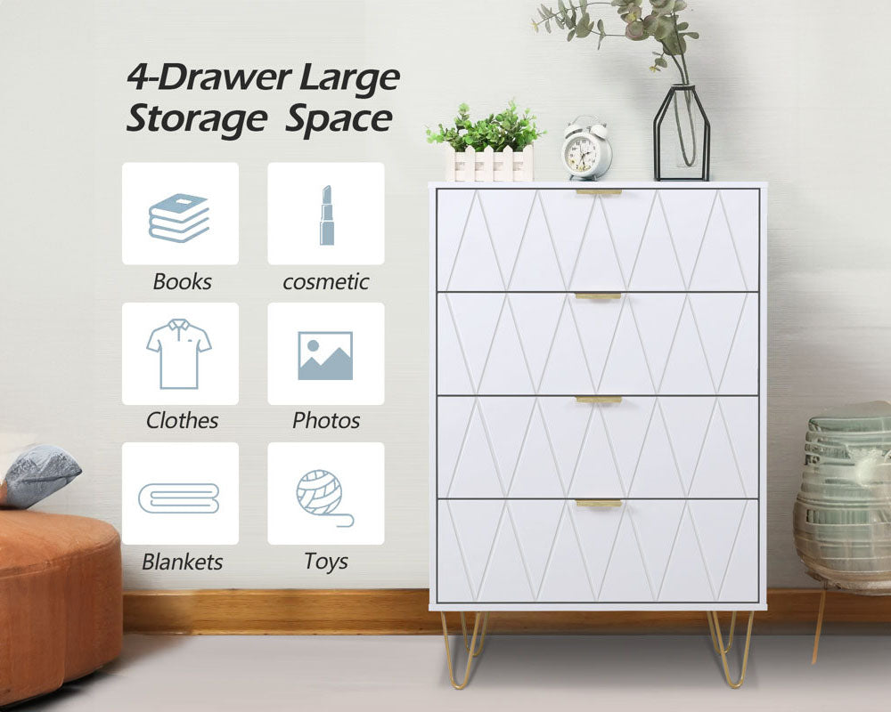 White 4-Drawer Dresser for Bedroom – Modern Storage Cabinet with Golden Handles Tallboy Chest of Drawer