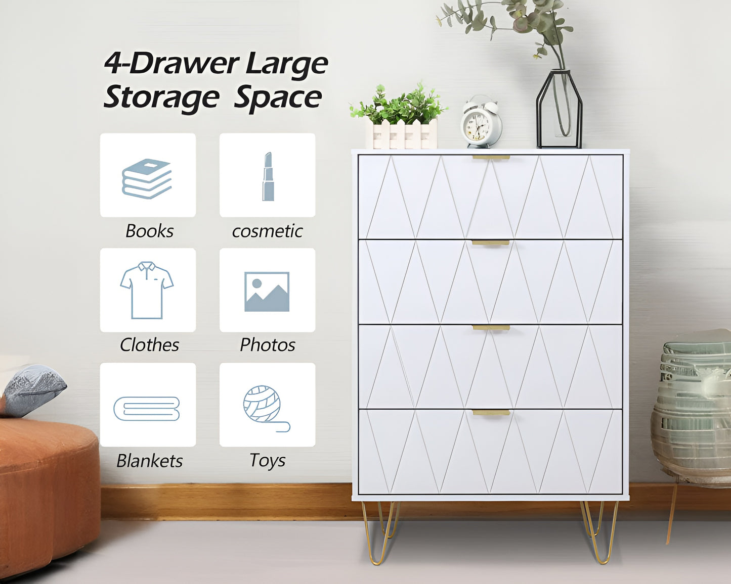 White 4-Drawer Dresser for Bedroom – Modern Storage Cabinet with Golden Handles Tallboy Chest of Drawer