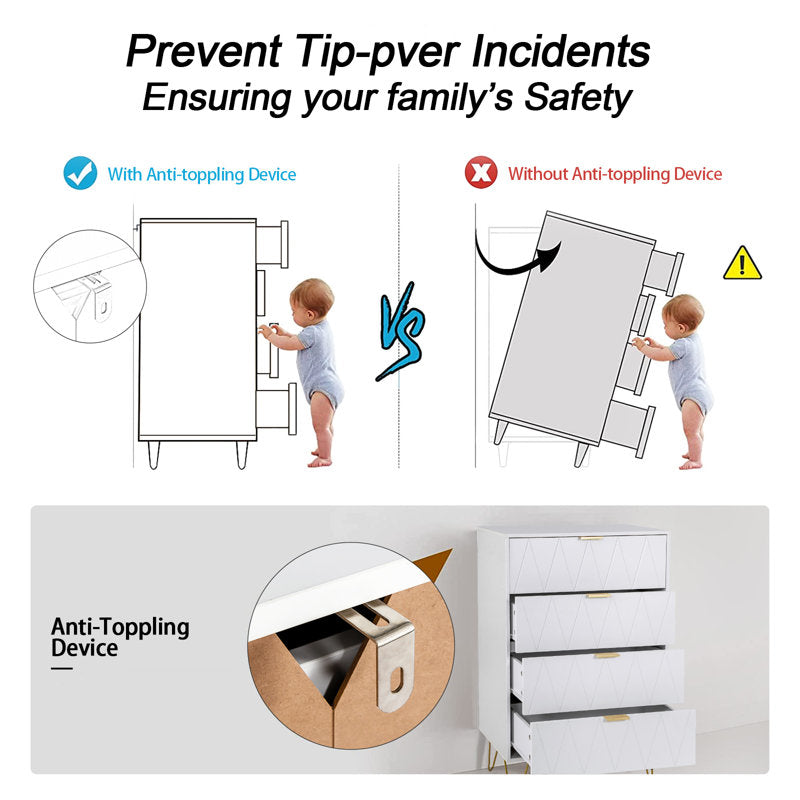 White 4-Drawer Dresser for Bedroom – Modern Storage Cabinet with Golden Handles Tallboy Chest of Drawer