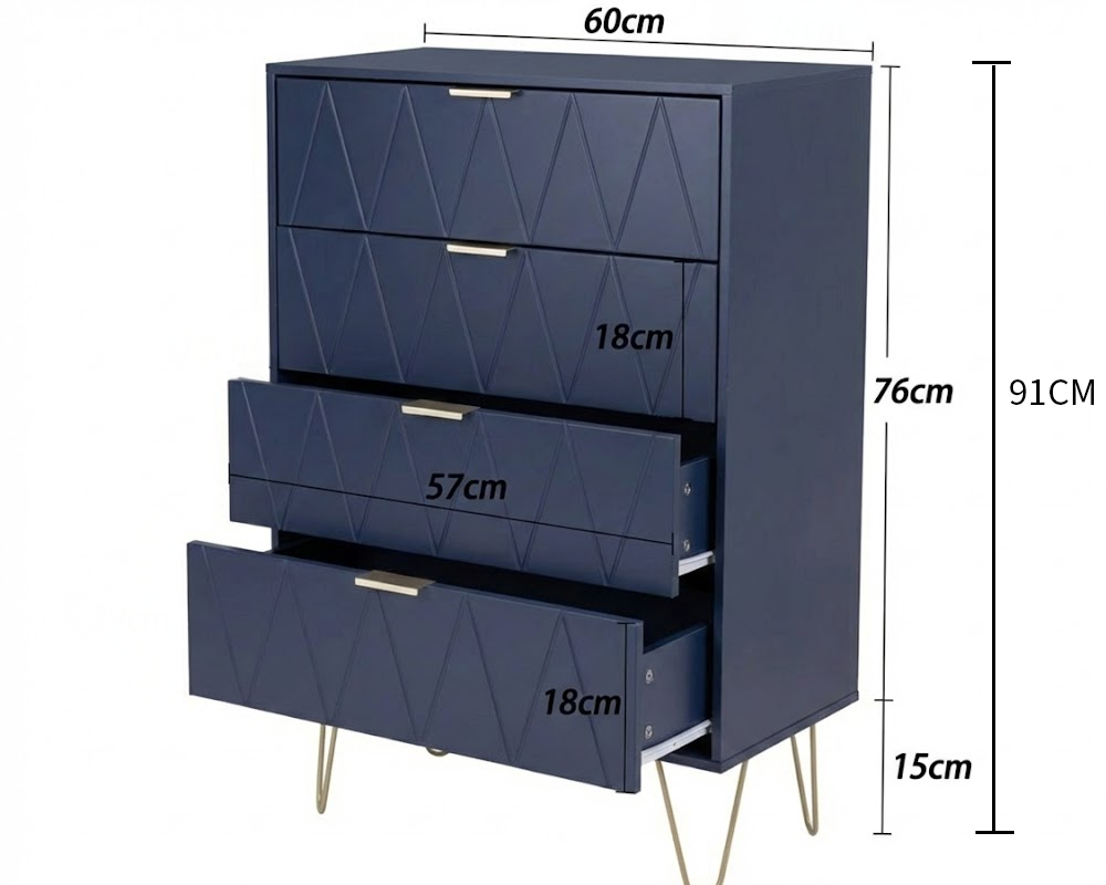 CURA Navy 4-Drawer Dresser for Bedroom Tallboy - Modern Storage Cabinet Tallboy with Golden Handles Tallboy Chest of Drawer