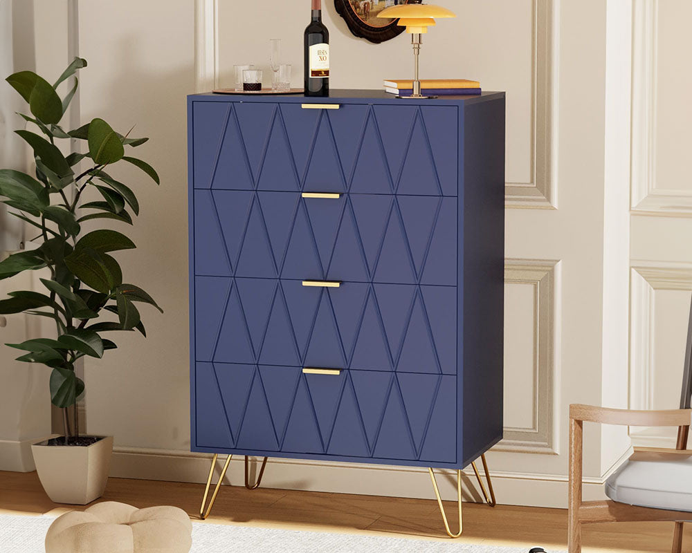 CURA Navy 4-Drawer Dresser for Bedroom Tallboy – Modern Storage Cabinet Tallboy with Golden Handles Tallboy Chest of Drawer