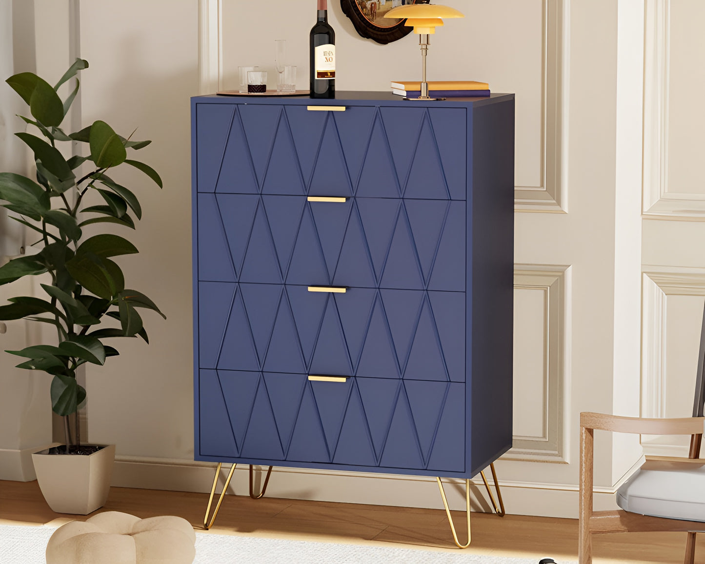 CURA Navy 4-Drawer Dresser for Bedroom Tallboy - Modern Storage Cabinet Tallboy with Golden Handles Tallboy Chest of Drawer