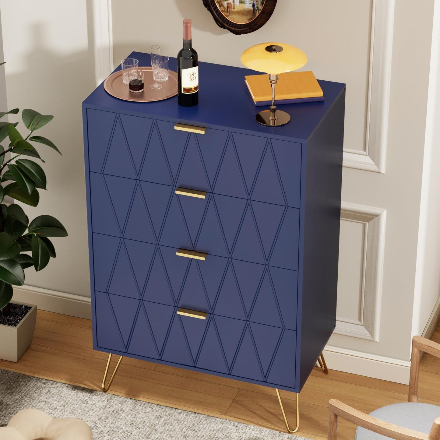CURA Navy 4-Drawer Dresser for Bedroom Tallboy – Modern Storage Cabinet Tallboy with Golden Handles Tallboy Chest of Drawer
