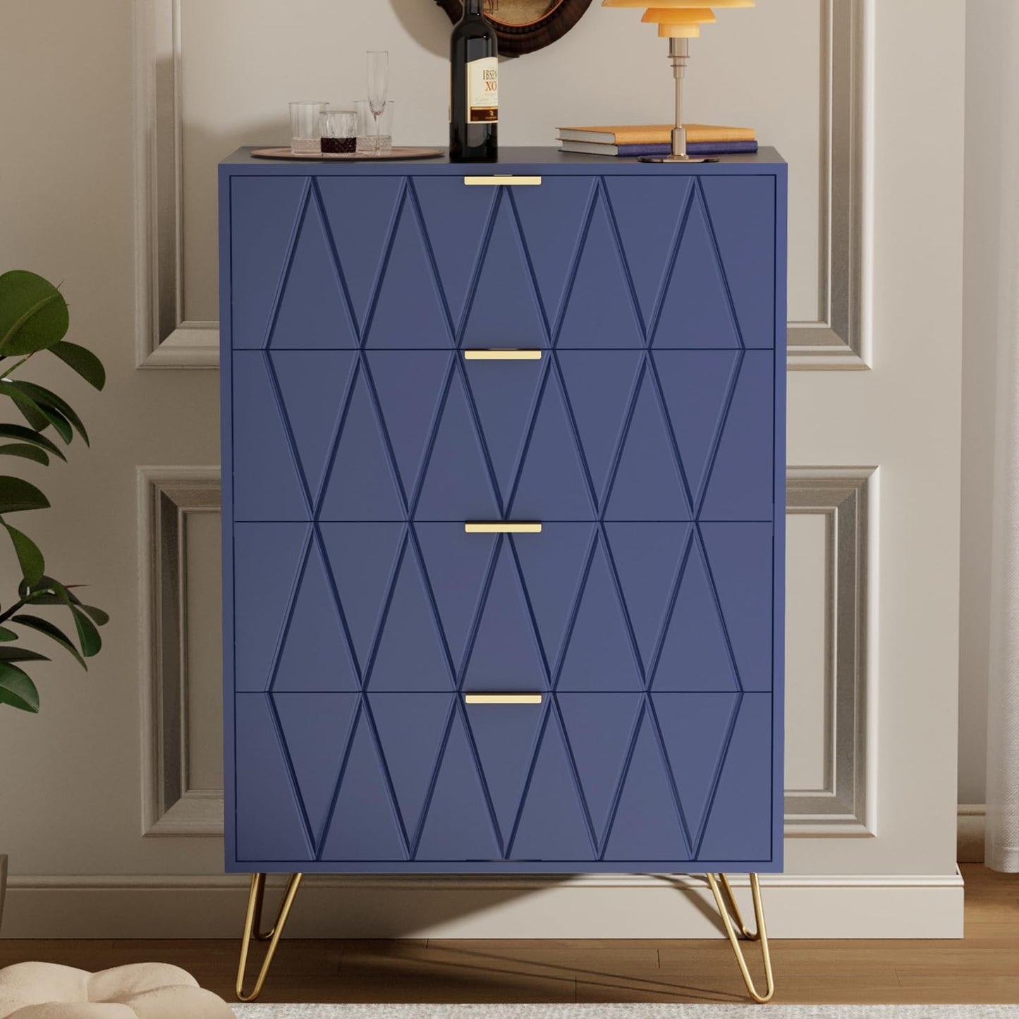 CURA Navy 4-Drawer Dresser for Bedroom Tallboy – Modern Storage Cabinet Tallboy with Golden Handles Tallboy Chest of Drawer