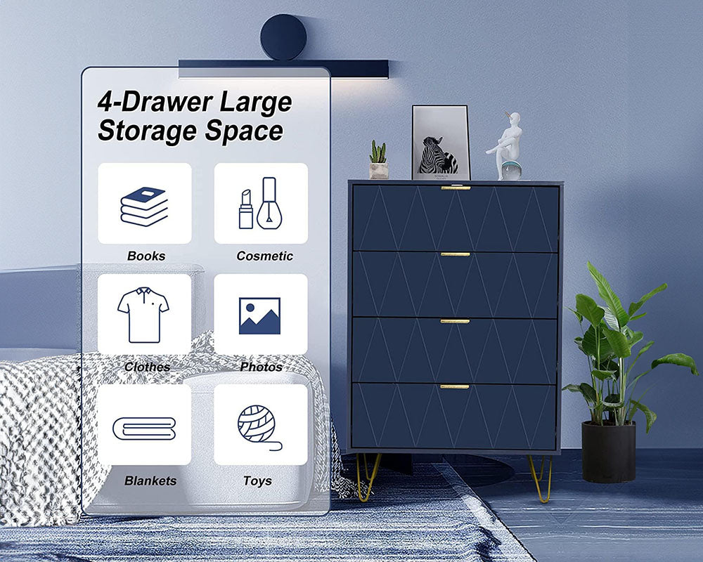 CURA Navy 4-Drawer Dresser for Bedroom Tallboy – Modern Storage Cabinet Tallboy with Golden Handles Tallboy Chest of Drawer