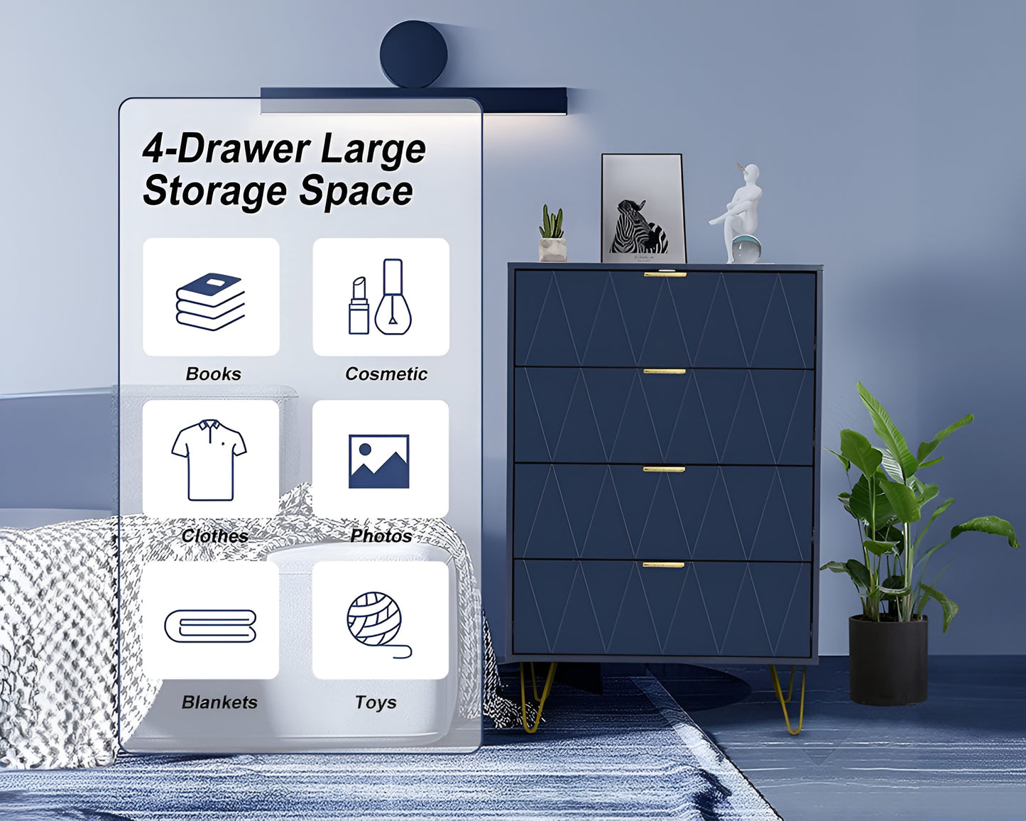 CURA Navy 4-Drawer Dresser for Bedroom Tallboy - Modern Storage Cabinet Tallboy with Golden Handles Tallboy Chest of Drawer