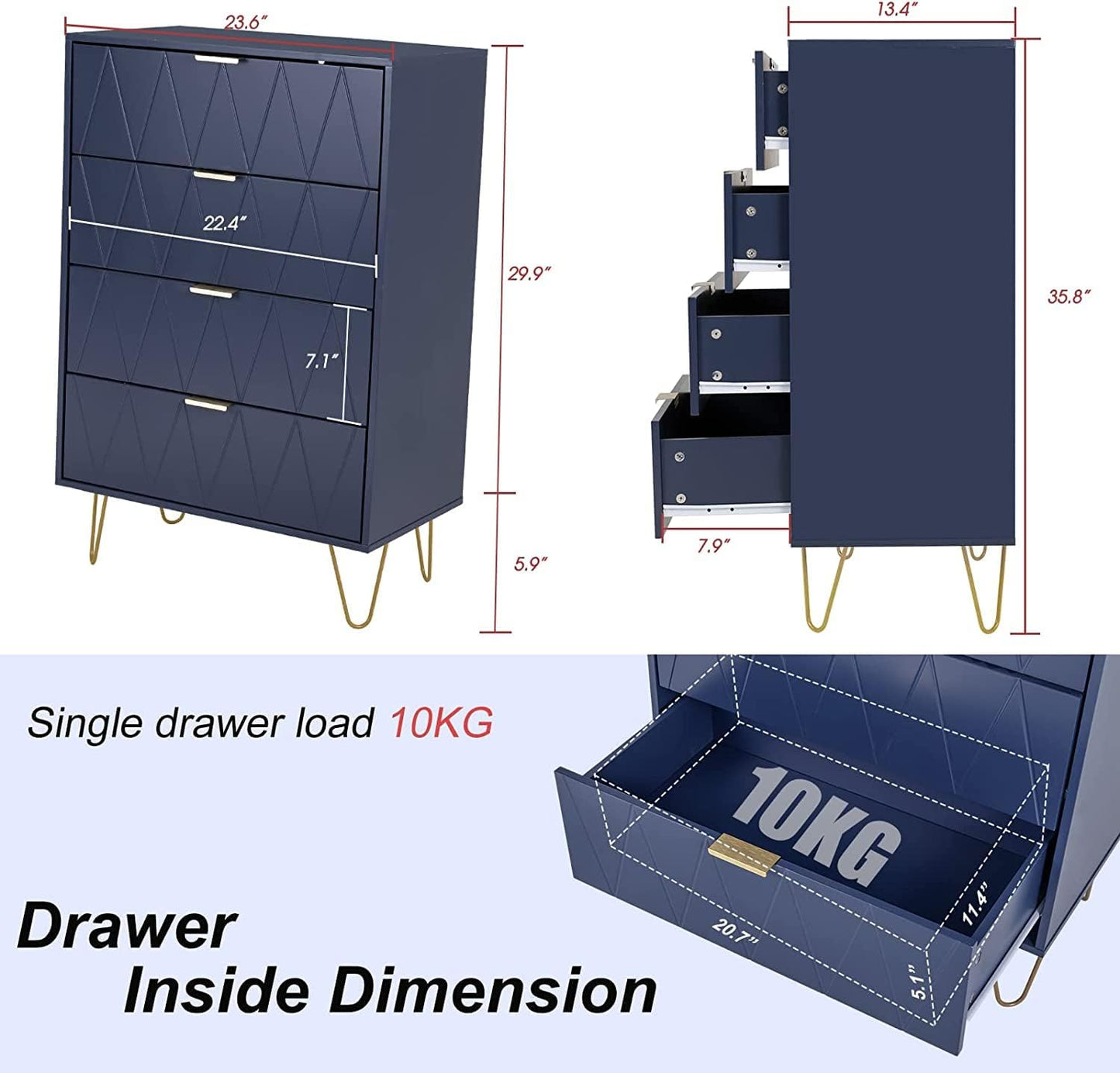 CURA Navy 4-Drawer Dresser for Bedroom Tallboy – Modern Storage Cabinet Tallboy with Golden Handles Tallboy Chest of Drawer