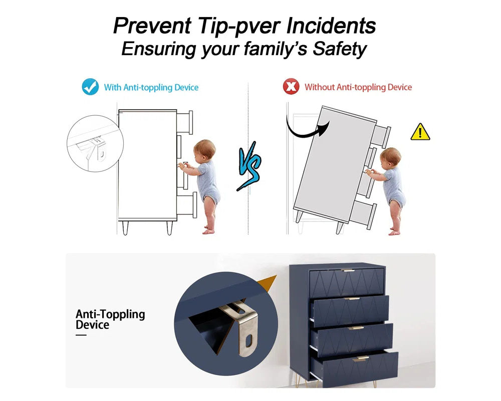 CURA Navy 4-Drawer Dresser for Bedroom Tallboy – Modern Storage Cabinet Tallboy with Golden Handles Tallboy Chest of Drawer