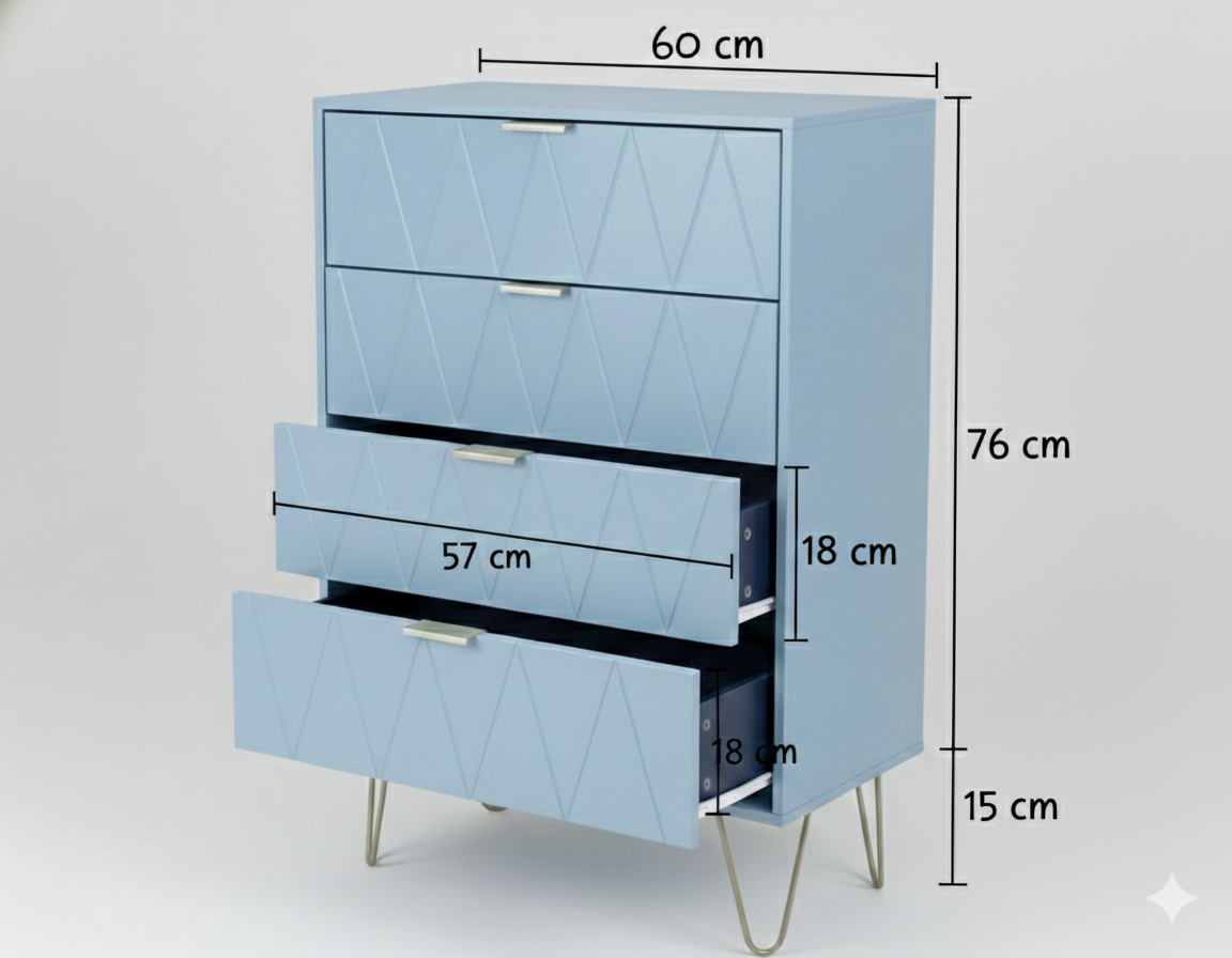 CURA Sky Blue 4-Drawer Dresser for Bedroom Tallboy – Modern Storage Cabinet Tallboy with Golden Handles Tallboy Chest of Drawer