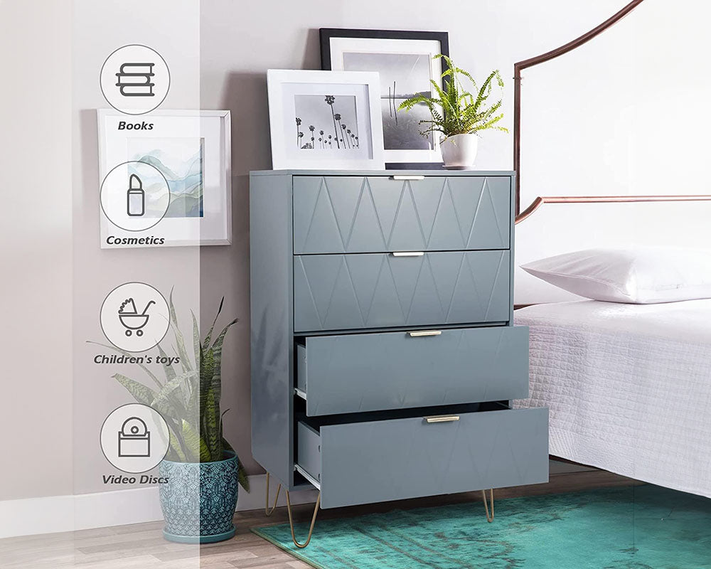 CURA Sky Blue 4-Drawer Dresser for Bedroom Tallboy – Modern Storage Cabinet Tallboy with Golden Handles Tallboy Chest of Drawer