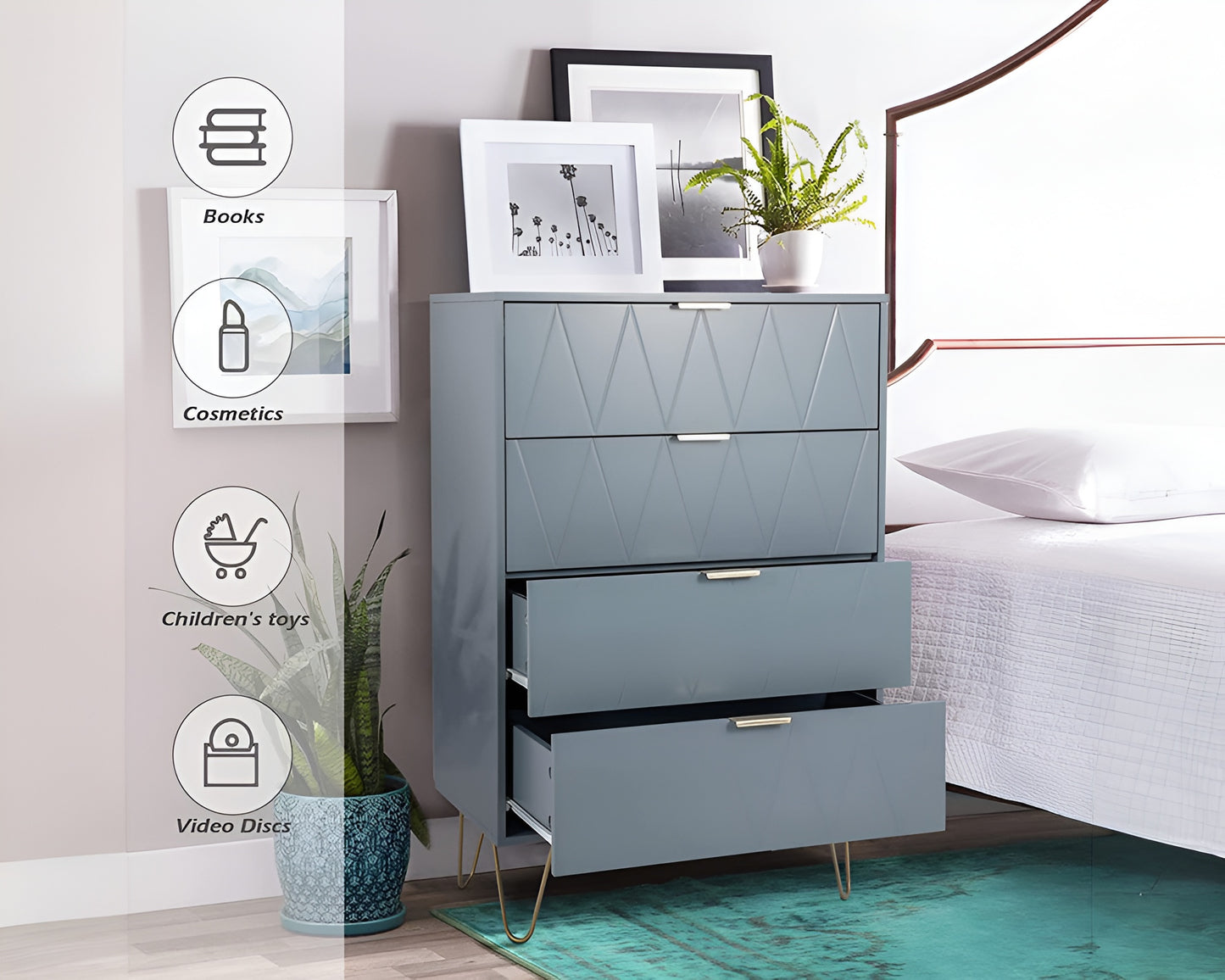 CURA Sky Blue 4-Drawer Dresser for Bedroom Tallboy – Modern Storage Cabinet Tallboy with Golden Handles Tallboy Chest of Drawer