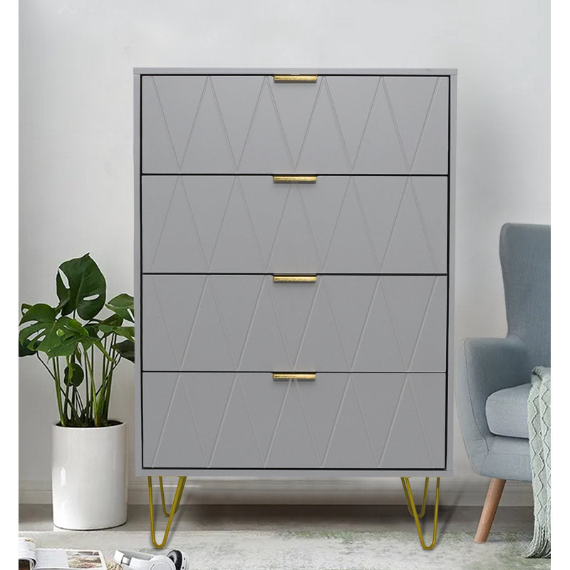 CURA Grey 4-Drawer Dresser for Bedroom Tallboy – Modern Storage Cabinet Tallboy with Golden Handles Tallboy Chest of Drawer