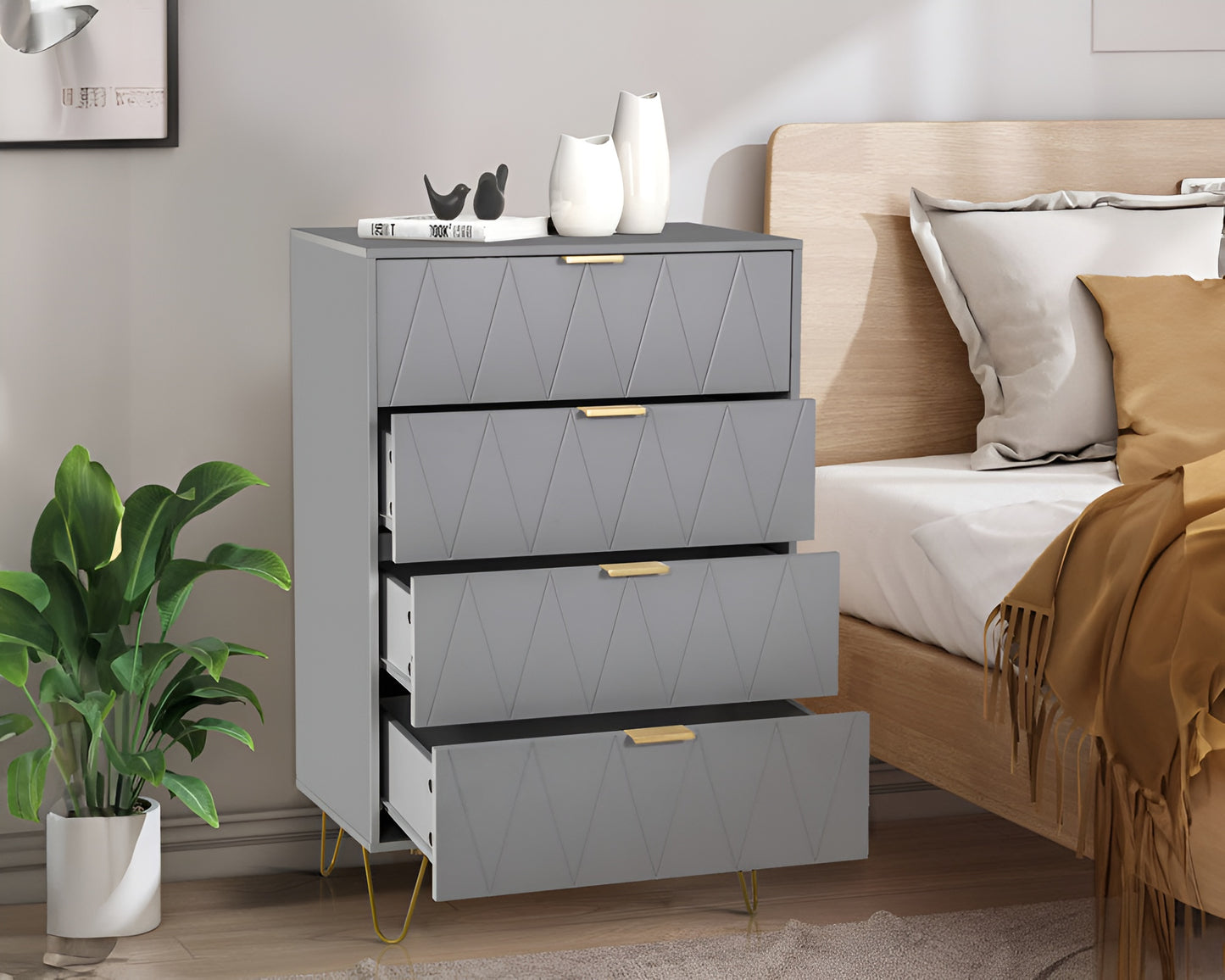 CURA Tall Boy Dresser 4 Drawer Tall Boy with Golden Handles