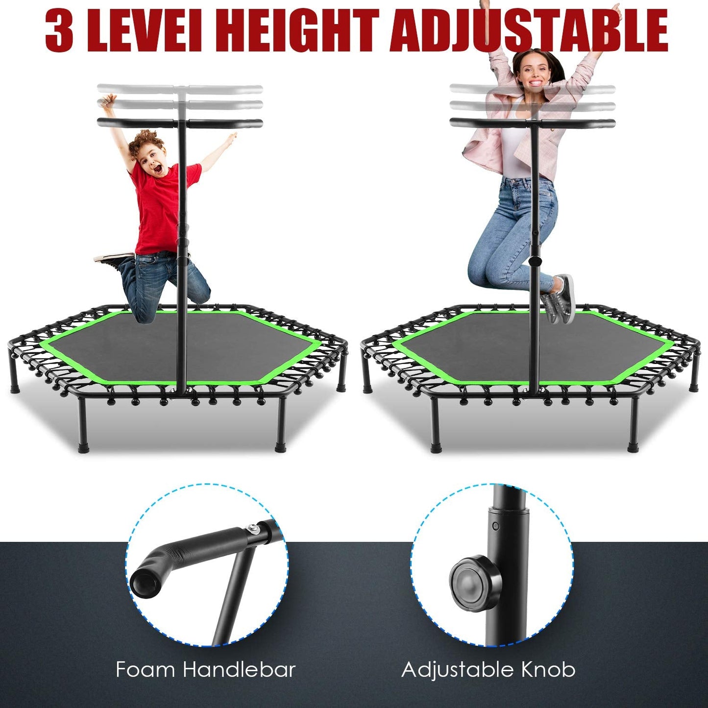 50" Fitness Trampoline with Handrail – Red Gym Cardio Rebounder