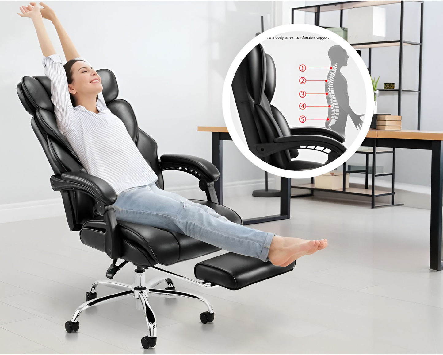PU Leather Executive Office Chair Retractable Footrest