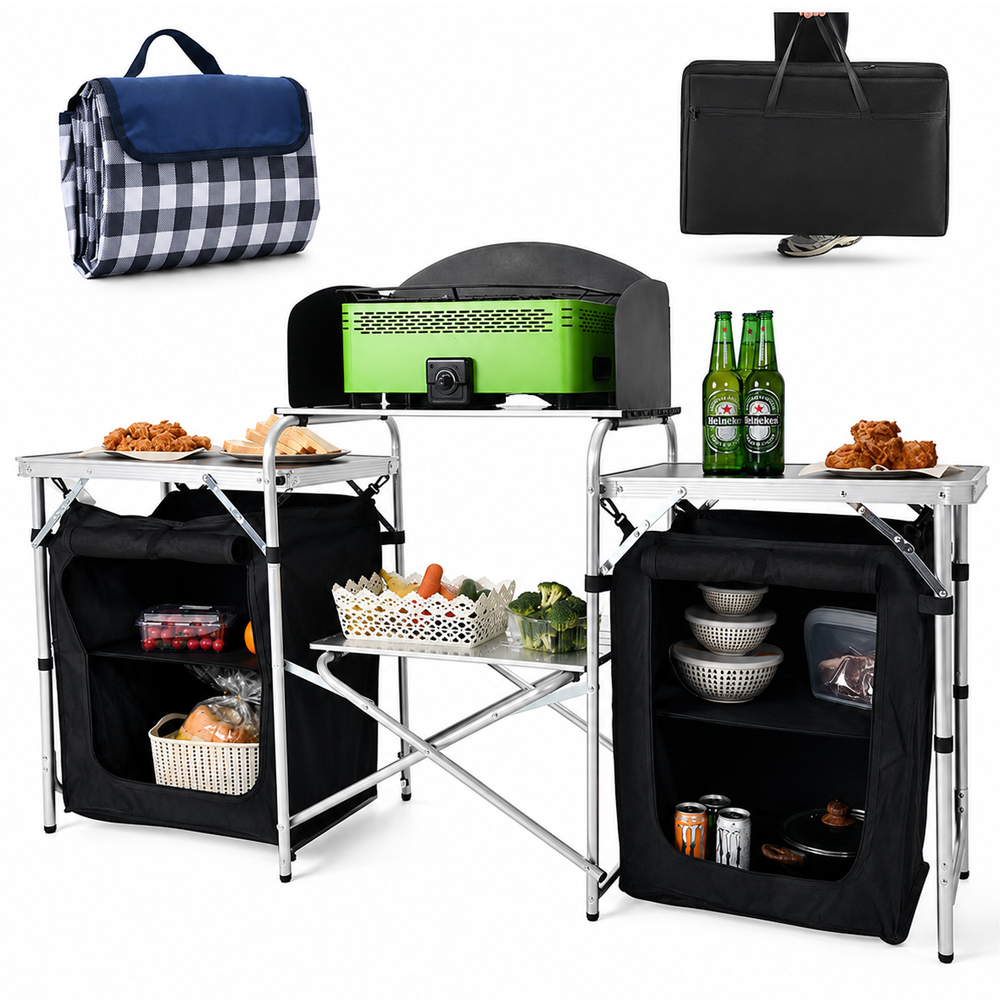 Folding Cooking Table Portable Outdoor Camping Kitchen with Storage Organiser