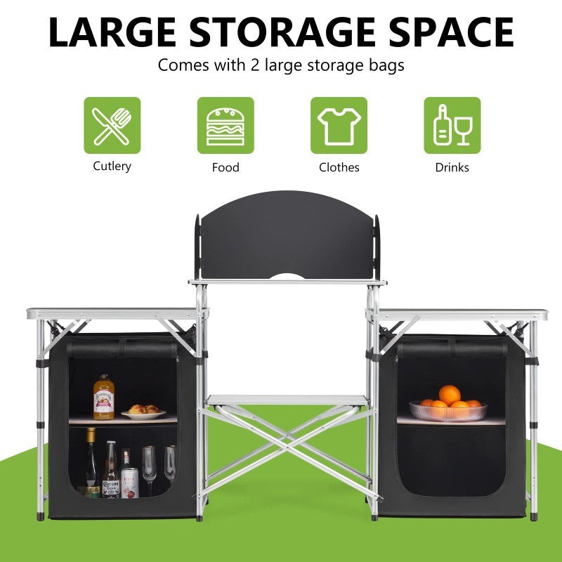 Deluxe Camping Kitchen - Foldable Portable Outdoor Cooking Station with Storage, Work Benches, and Steel Wind Shield