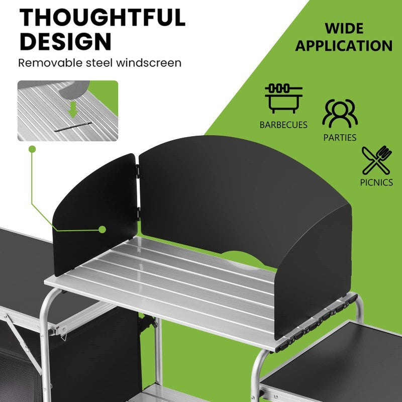 Deluxe Camping Kitchen - Foldable Portable Outdoor Cooking Station with Storage, Work Benches, and Steel Wind Shield