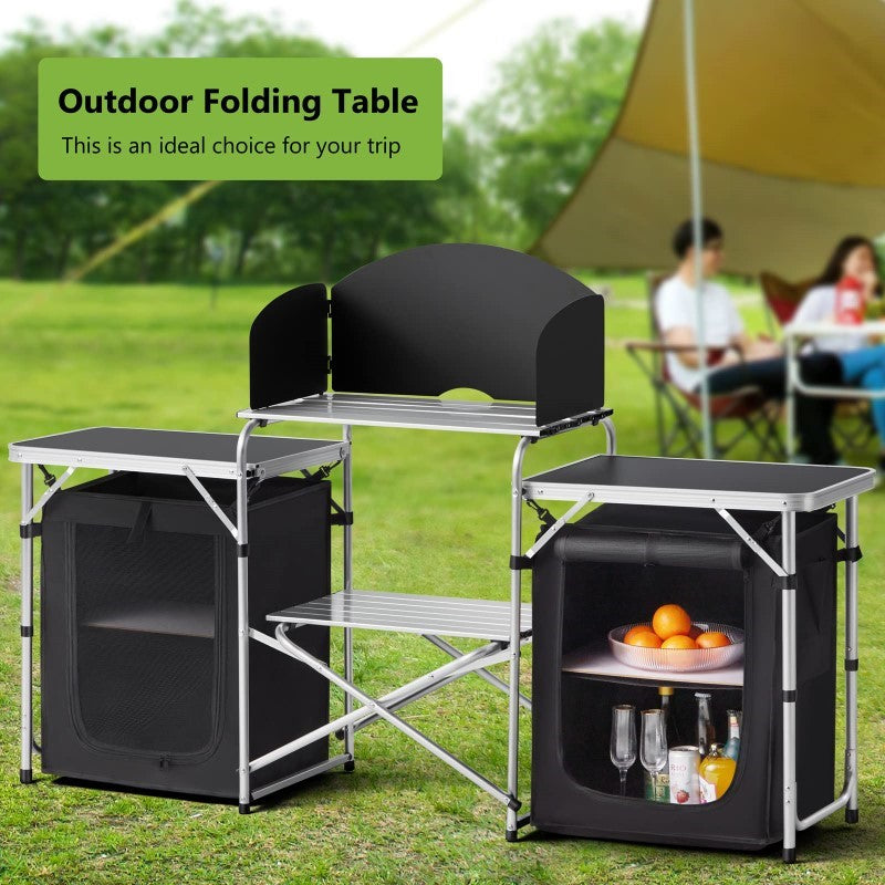 Deluxe Camping Kitchen - Foldable Portable Outdoor Cooking Station with Storage, Work Benches, and Steel Wind Shield