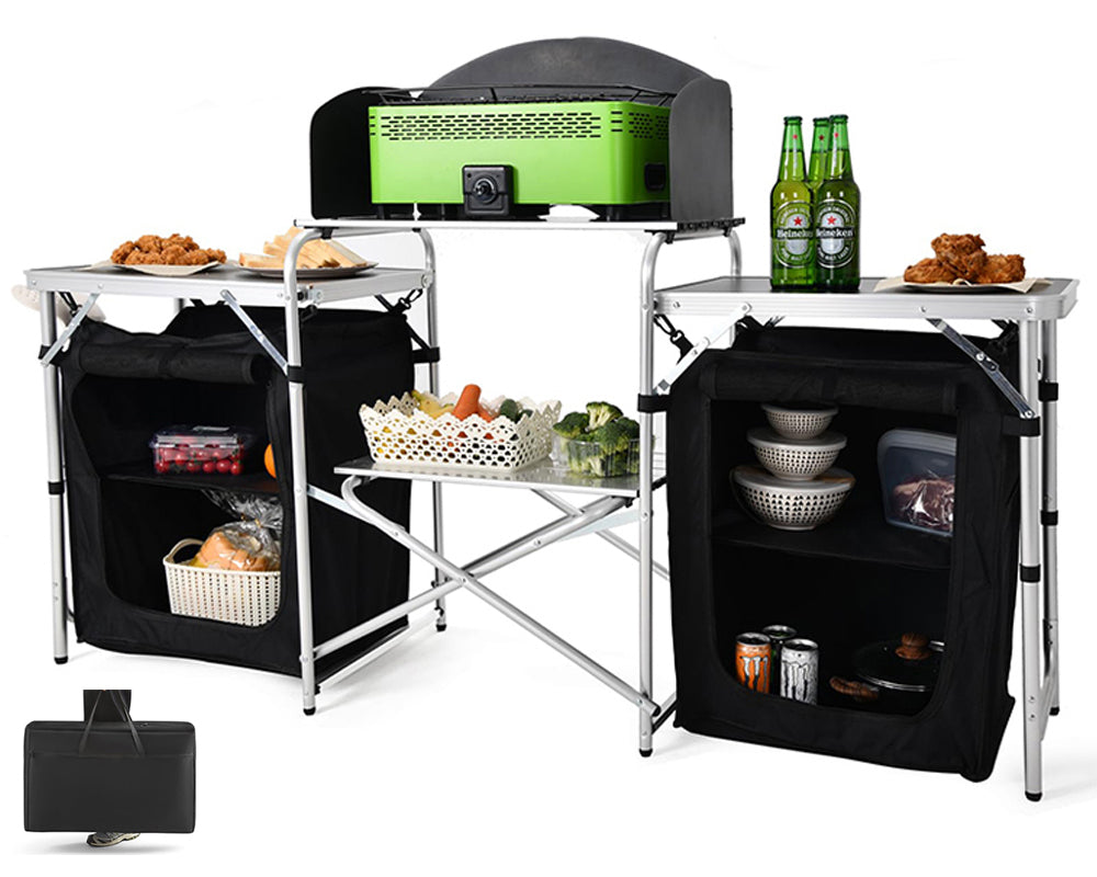 Deluxe Camping Kitchen - Foldable Portable Outdoor Cooking Station with Storage, Work Benches, and Steel Wind Shield