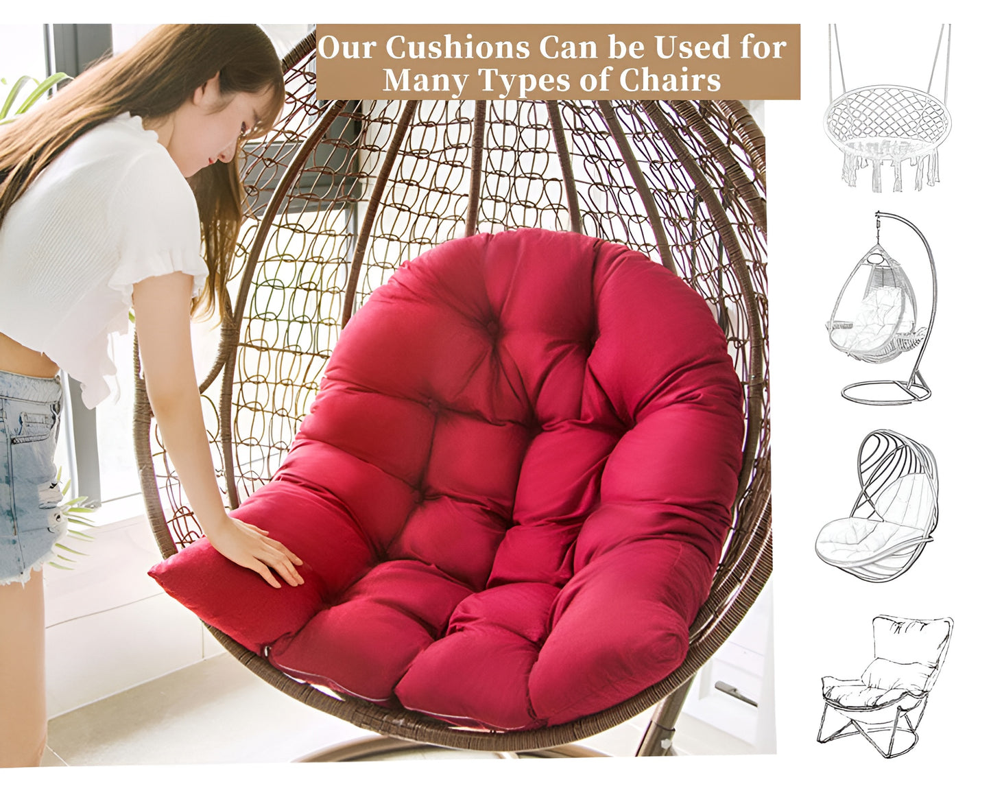 Hanging Chair Cushion | Cushion for Hanging Chair Patio Garden Hanging Basket Chair (Red)