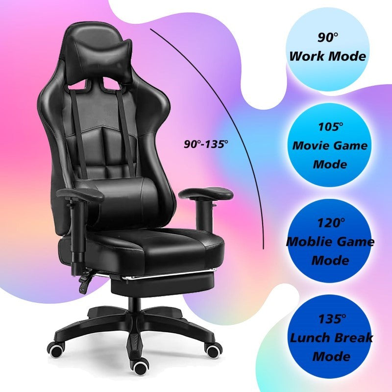 Gaming Office Chair with Footrest – Ergonomic Leather Video Game Chair with Adjustable Armrest, High Back Gamer Chair, and Lumbar Support
