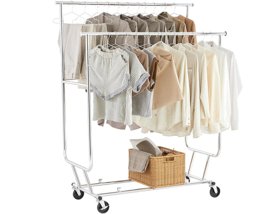 Heavy-Duty Clothes Garment Rack with Wheels – Extendable and Adjustable Clothing Rack for Home, Business