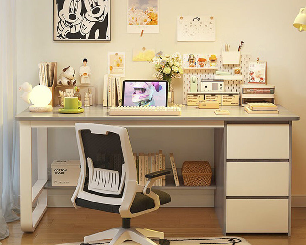 Office Desk with Drawers and Storage Rack – Modern and Versatile