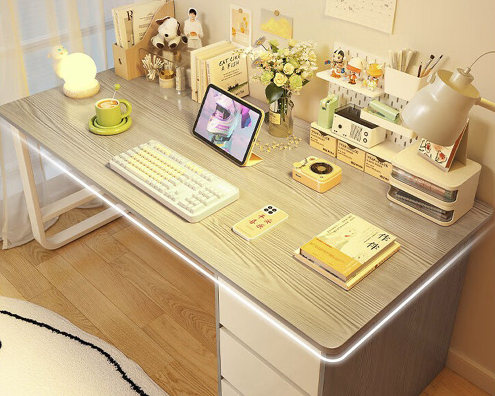 Office Desk with Drawers and Storage Rack – Modern and Versatile