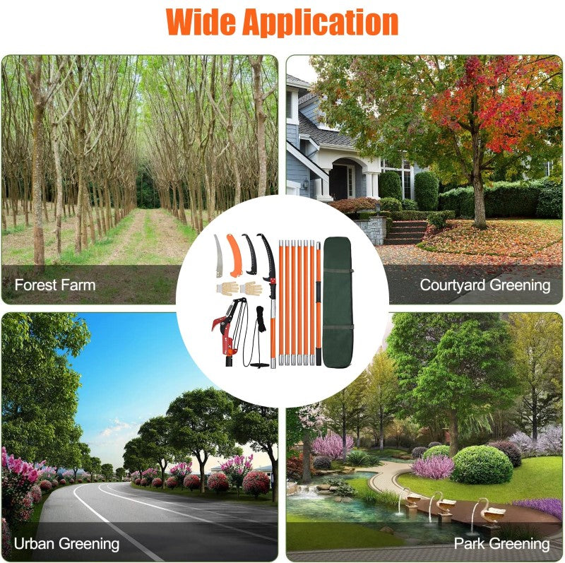 Manual Pole Saw - 2.24m to 8.24m Extendable Tree Pruner with Sharp Steel Blade & Scissors