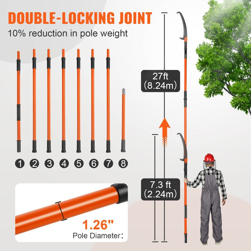 Manual Pole Saw - 2.24m to 8.24m Extendable Tree Pruner with Sharp Steel Blade & Scissors