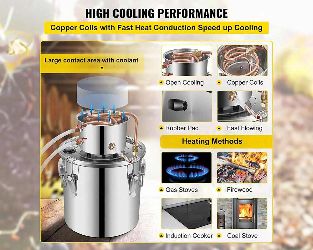 5 Gal (21L) Stainless Steel Alcohol Distiller with Copper Coil – Home Brewing Kit for DIY Whiskey, Wine, and Brandy Production