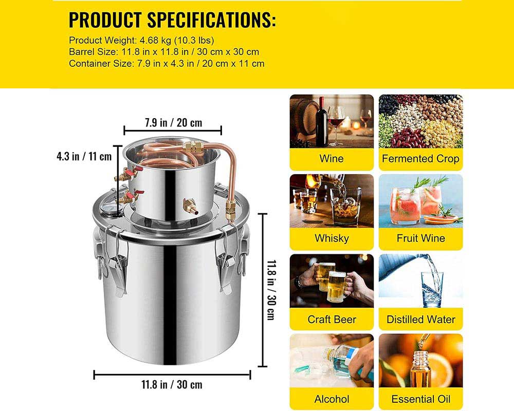 5 Gal (21L) Stainless Steel Alcohol Distiller with Copper Coil – Home Brewing Kit for DIY Whiskey, Wine, and Brandy Production