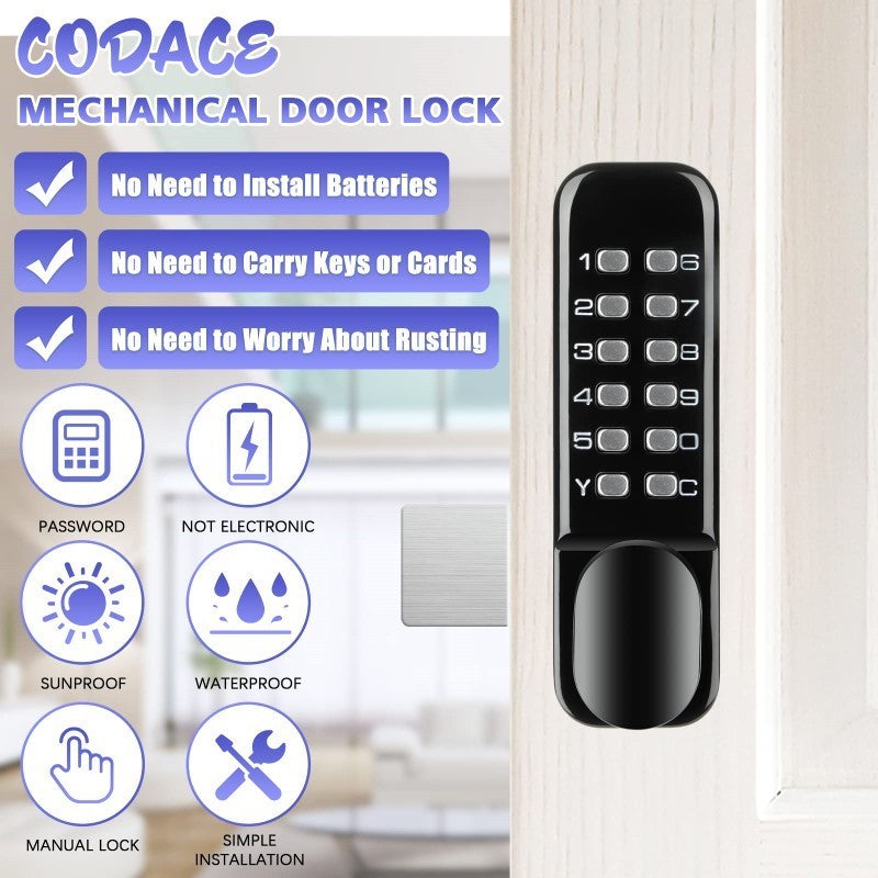 Mechanical Keyless Entry Door Lock – 12-Digit Keypad, Waterproof Zinc Alloy, Surface-Mounted Latch, Outdoor Gate Lock, Black