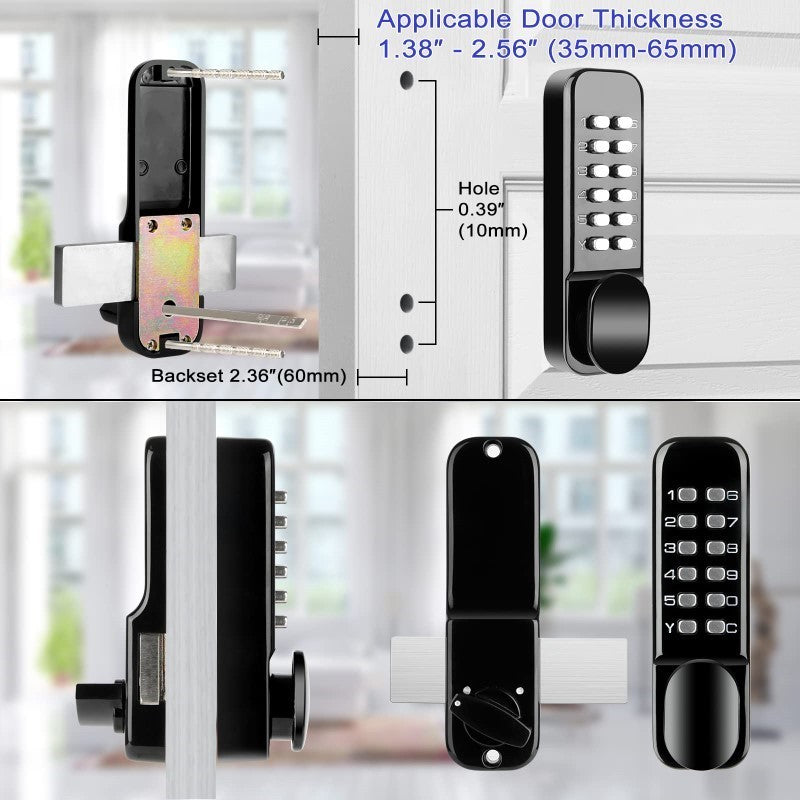 Mechanical Keyless Entry Door Lock – 12-Digit Keypad, Waterproof Zinc Alloy, Surface-Mounted Latch, Outdoor Gate Lock, Black