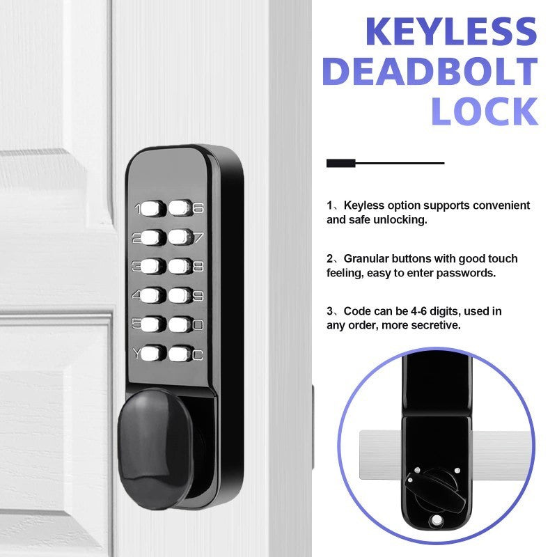 Mechanical Keyless Entry Door Lock – 12-Digit Keypad, Waterproof Zinc Alloy, Surface-Mounted Latch, Outdoor Gate Lock, Black