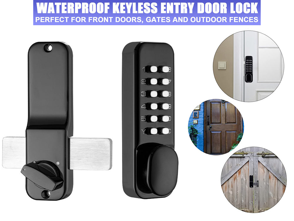 Mechanical Keyless Entry Door Lock – 12-Digit Keypad, Waterproof Zinc Alloy, Surface-Mounted Latch, Outdoor Gate Lock, Black