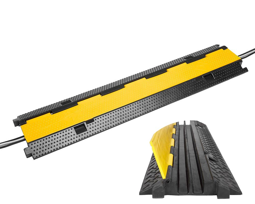2 Channel Cable Protector Ramp – Heavy Duty Floor Cover with High-Vis Yellow Lid for EV & Outdoor Safety