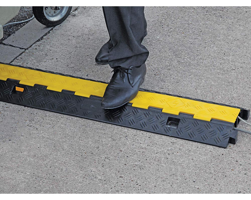 2 Channel Cable Protector Ramp – Heavy Duty Floor Hose Cover with High-Vis Yellow Lid for EV & Events