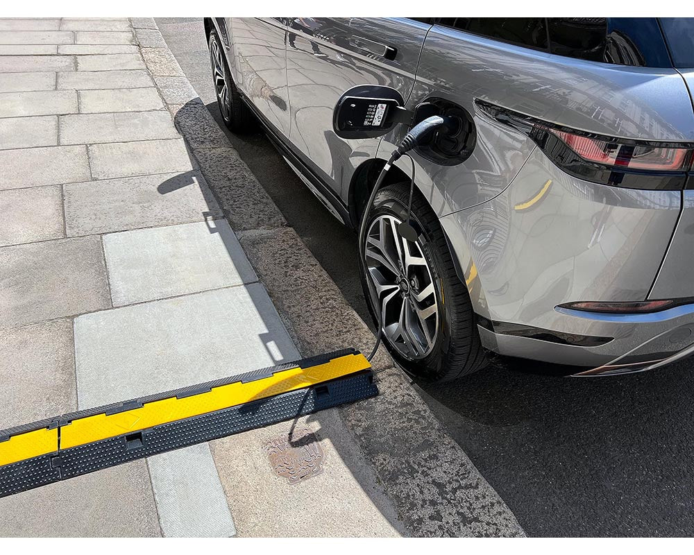 2 Channel Cable Protector Ramp – Heavy Duty Floor Hose Cover with High-Vis Yellow Lid for EV & Events