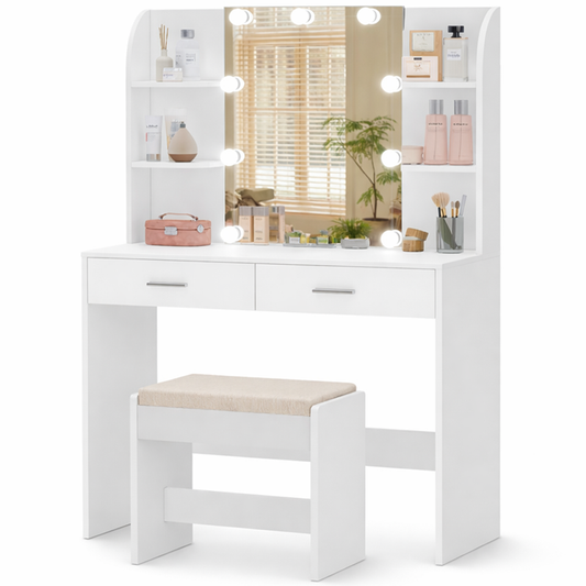 CURA Vanity Dressing Table with HD Mirror, Hollywood Lights & Charging Station