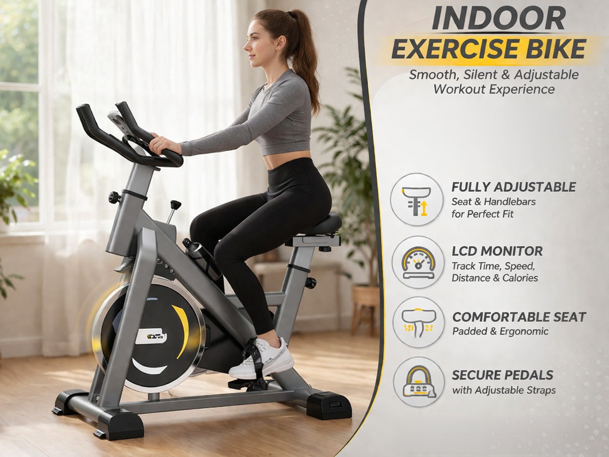 Indoor Cycling Bike – Belt Drive Resistance Exercise Bike with LCD Monitor Exercise Bike