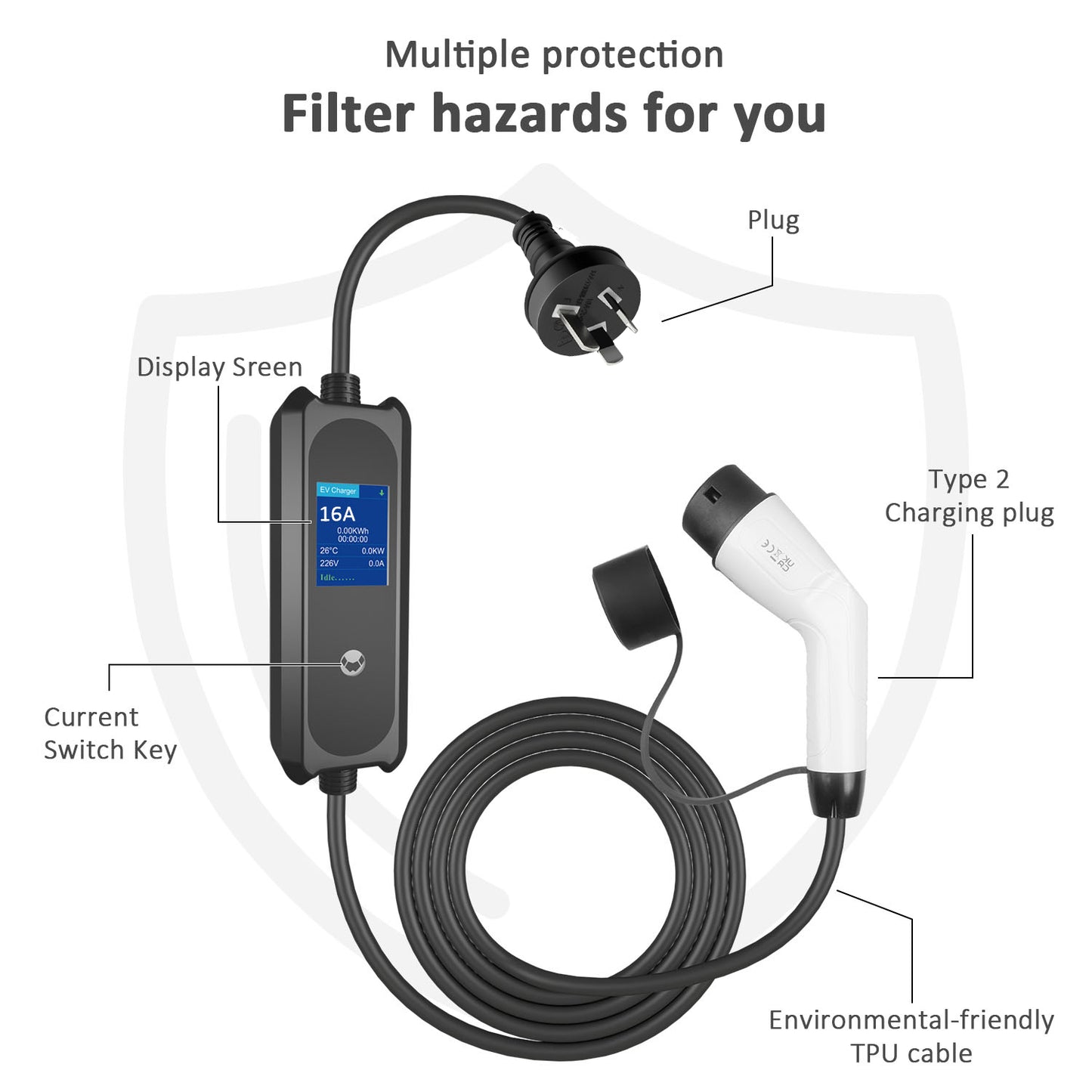 16AEV Charging Station Portable EV Charger Type2  16A Cable, Electric Vehicle Charger AU Plug