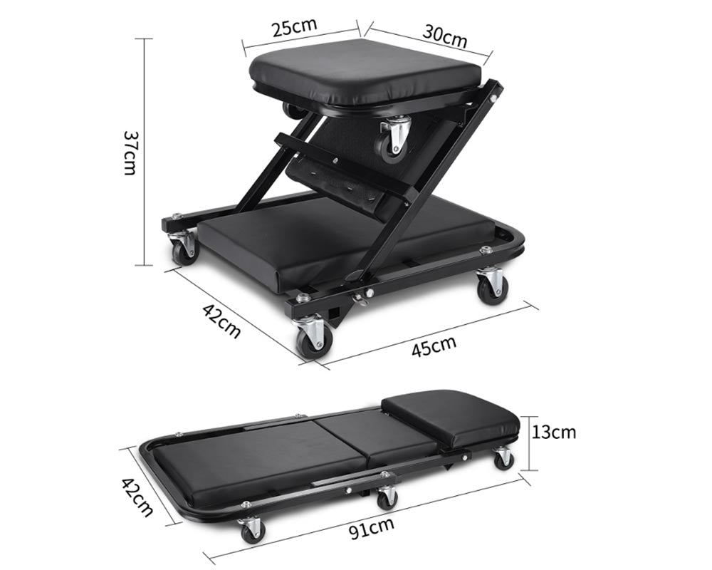2-in-1 Folding Mobile Mechanics Car Creeper Trolley Chair – PU Padded Seat with Headrest, Portable Foldable for Garage and Workshop Use