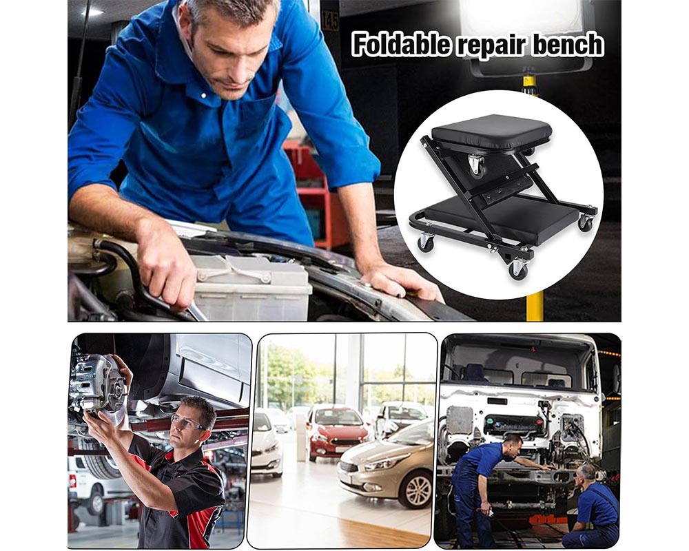 2-in-1 Folding Mobile Mechanics Car Creeper Trolley Chair – PU Padded Seat with Headrest, Portable Foldable for Garage and Workshop Use