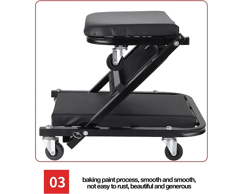 2-in-1 Folding Mobile Mechanics Car Creeper Trolley Chair – PU Padded Seat with Headrest, Portable Foldable for Garage and Workshop Use